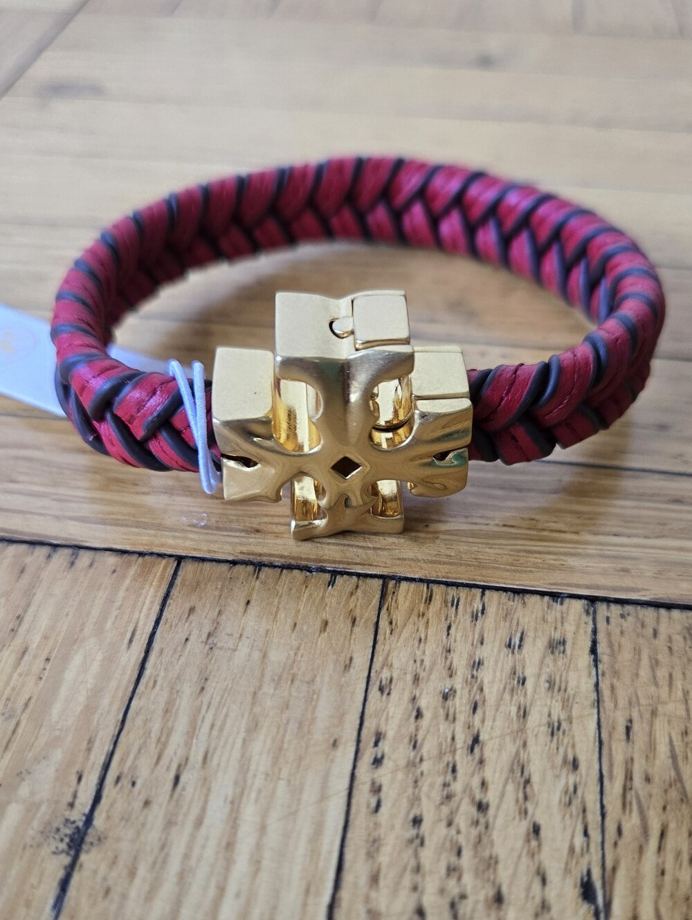 Brand New Tory Burch Braided Leather Bracelet with Gold Logo Clasp